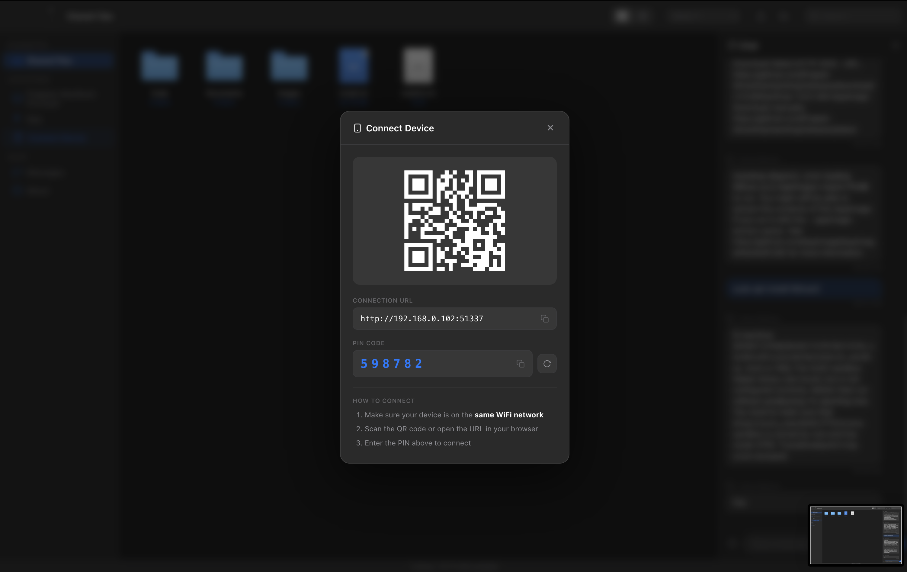 NearDrop connect device modal with QR code and PIN