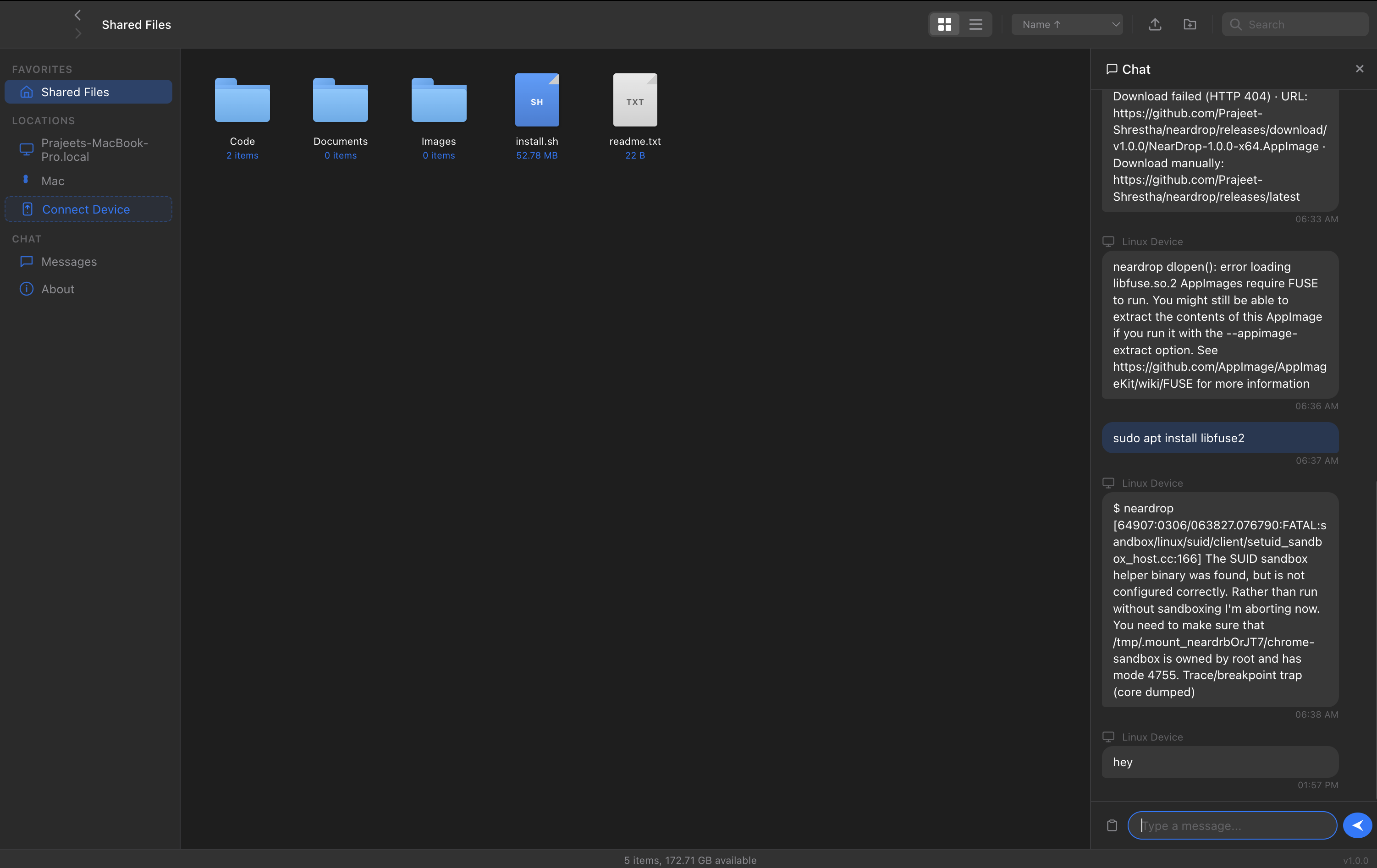 NearDrop home screen showing file browser and real-time chat